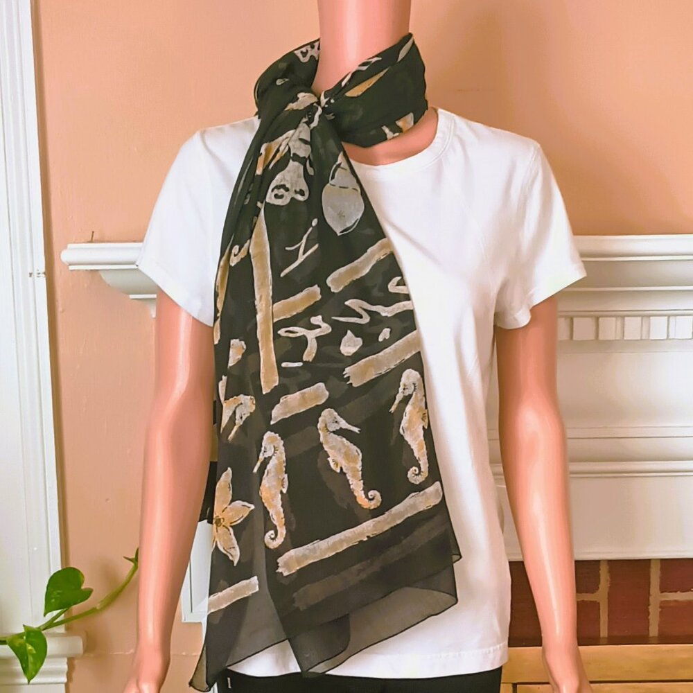 Rima Sheer Nautical Wrap Scarf 67" x 45" Black Tan Seahorse Shell Soft Shawl